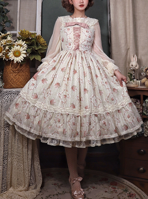 Elegant And Delicate Pink Floral Print Design Jacquard Lace Trim Bow Knot Tie Classic Lolita Slip Dress