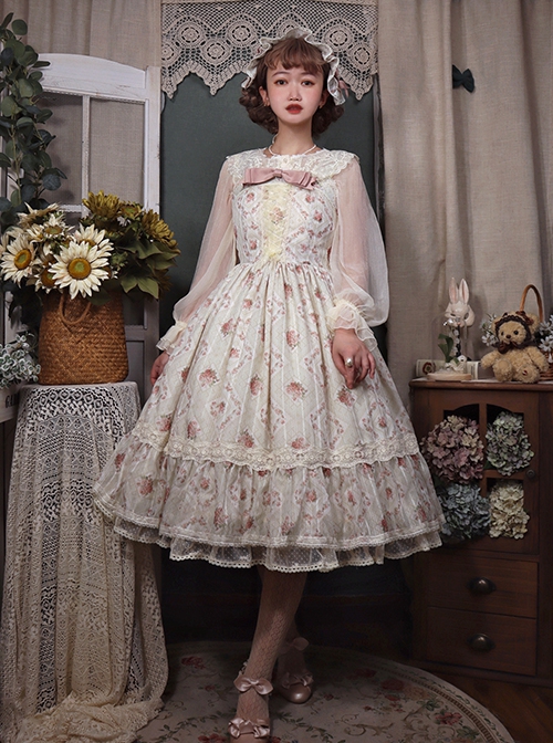 Elegant And Delicate Pink Floral Print Design Jacquard Lace Trim Bow Knot Tie Classic Lolita Slip Dress