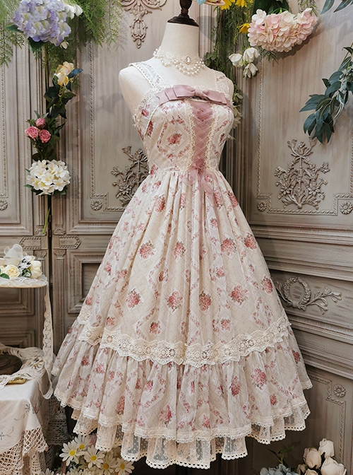 Elegant And Delicate Pink Floral Print Design Jacquard Lace Trim Bow Knot Tie Classic Lolita Slip Dress