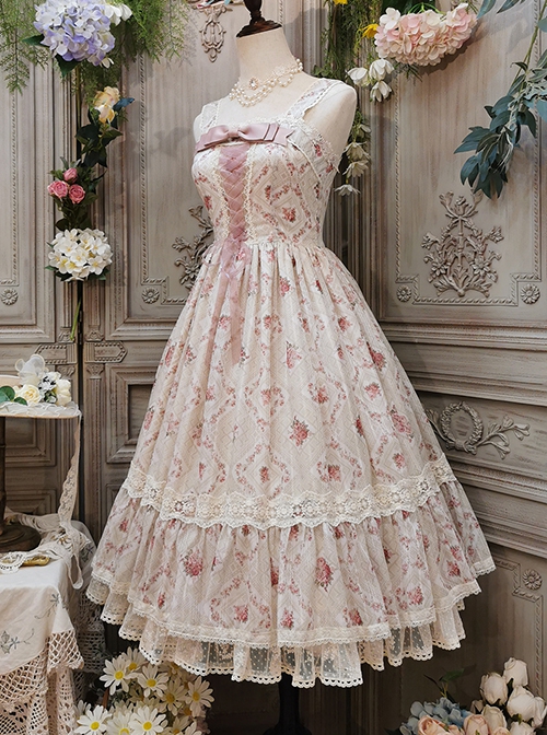 Elegant And Delicate Pink Floral Print Design Jacquard Lace Trim Bow Knot Tie Classic Lolita Slip Dress