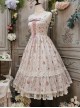 Elegant And Delicate Pink Floral Print Design Jacquard Lace Trim Bow Knot Tie Classic Lolita Slip Dress