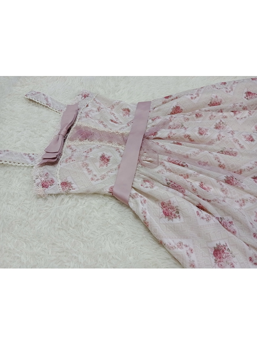 Elegant And Delicate Pink Floral Print Design Jacquard Lace Trim Bow Knot Tie Classic Lolita Slip Dress