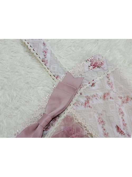 Elegant And Delicate Pink Floral Print Design Jacquard Lace Trim Bow Knot Tie Classic Lolita Slip Dress