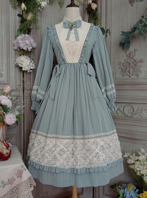 Classic Lolita Simple Jacquard Lace Embroidery Pleated Ruffle Pure Cotton Bow Brooch Decoration Long Sleeves Dress