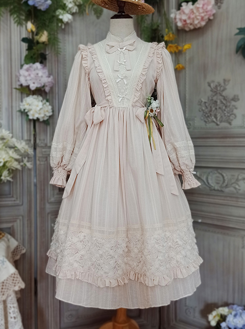 Classic Lolita Simple Jacquard Lace Embroidery Pleated Ruffle Pure Cotton Bow Brooch Decoration Long Sleeves Dress