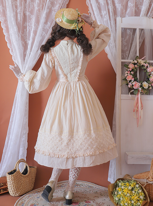 Classic Lolita Simple Jacquard Lace Embroidery Pleated Ruffle Pure Cotton Bow Brooch Decoration Long Sleeves Dress