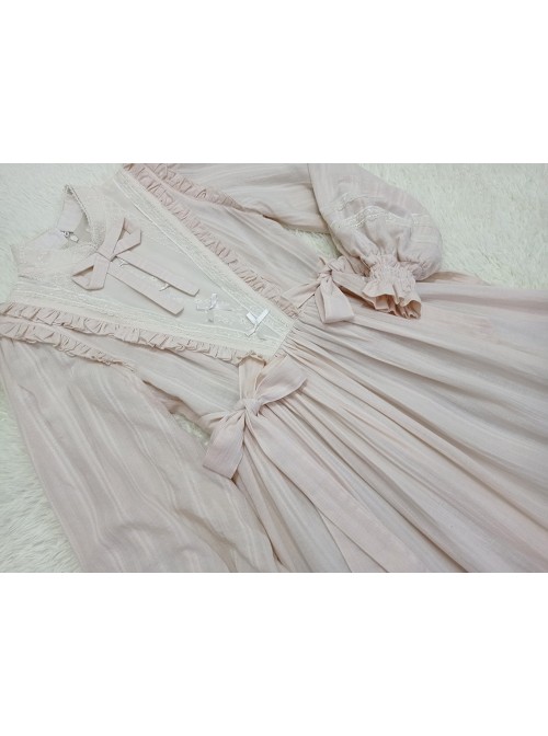 Classic Lolita Simple Jacquard Lace Embroidery Pleated Ruffle Pure Cotton Bow Brooch Decoration Long Sleeves Dress