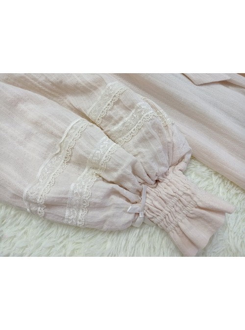 Classic Lolita Simple Jacquard Lace Embroidery Pleated Ruffle Pure Cotton Bow Brooch Decoration Long Sleeves Dress