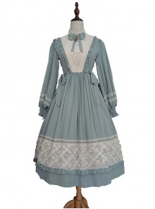 Classic Lolita Simple Jacquard Lace Embroidery Pleated Ruffle Pure Cotton Bow Brooch Decoration Long Sleeves Dress