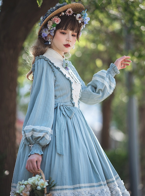 Classic Lolita Simple Jacquard Lace Embroidery Pleated Ruffle Pure Cotton Bow Brooch Decoration Long Sleeves Dress