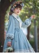 Classic Lolita Simple Jacquard Lace Embroidery Pleated Ruffle Pure Cotton Bow Brooch Decoration Long Sleeves Dress