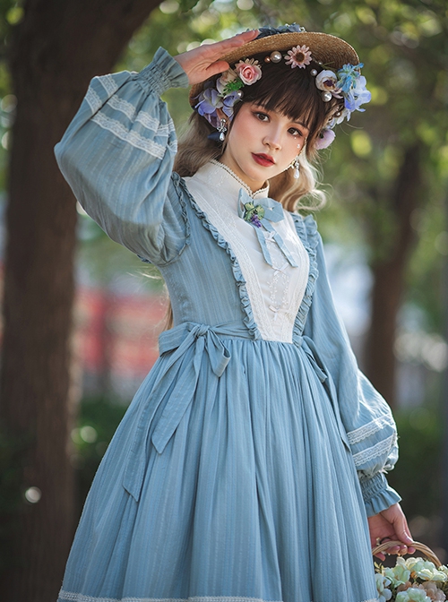 Classic Lolita Simple Jacquard Lace Embroidery Pleated Ruffle Pure Cotton Bow Brooch Decoration Long Sleeves Dress