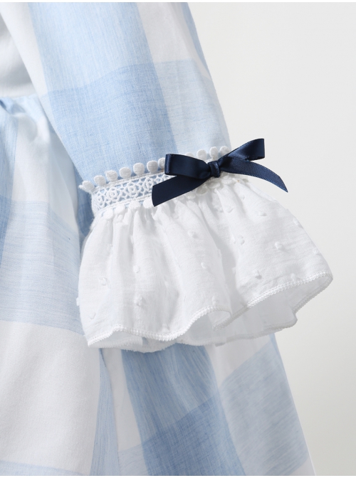 Blue And White Plaid Design Cute Pleated Ruffle Trim Bow Knots Classic Lolita Long Sleeve Kid Dress