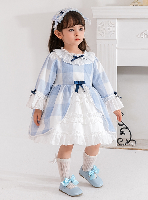 Blue And White Plaid Design Cute Pleated Ruffle Trim Bow Knots Classic Lolita Long Sleeve Kid Dress