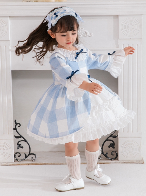 Blue And White Plaid Design Cute Pleated Ruffle Trim Bow Knots Classic Lolita Long Sleeve Kid Dress