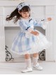 Blue And White Plaid Design Cute Pleated Ruffle Trim Bow Knots Classic Lolita Long Sleeve Kid Dress