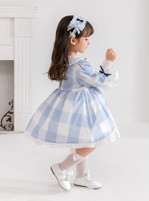 Blue And White Plaid Design Cute Pleated Ruffle Trim Bow Knots Classic Lolita Long Sleeve Kid Dress