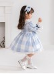 Blue And White Plaid Design Cute Pleated Ruffle Trim Bow Knots Classic Lolita Long Sleeve Kid Dress