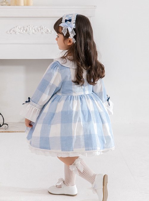 Blue And White Plaid Design Cute Pleated Ruffle Trim Bow Knots Classic Lolita Long Sleeve Kid Dress