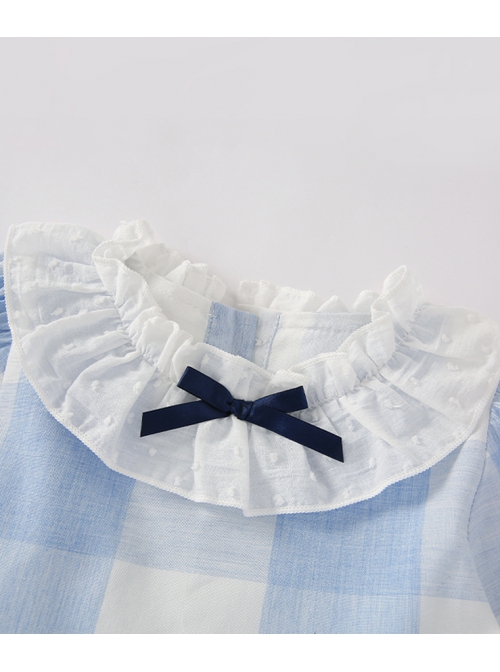 Blue And White Plaid Design Cute Pleated Ruffle Trim Bow Knots Classic Lolita Long Sleeve Kid Dress