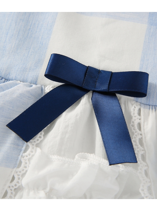 Blue And White Plaid Design Cute Pleated Ruffle Trim Bow Knots Classic Lolita Long Sleeve Kid Dress