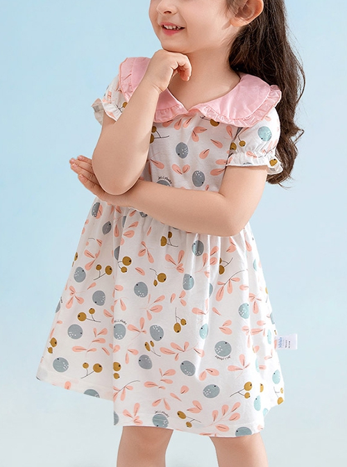 Classic Lolita Cute Blueberry Floral Decoration Ruched Ruffled Waist Design Pink Doll Neckline Kid Short Sleeve Dress