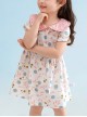 Classic Lolita Cute Blueberry Floral Decoration Ruched Ruffled Waist Design Pink Doll Neckline Kid Short Sleeve Dress