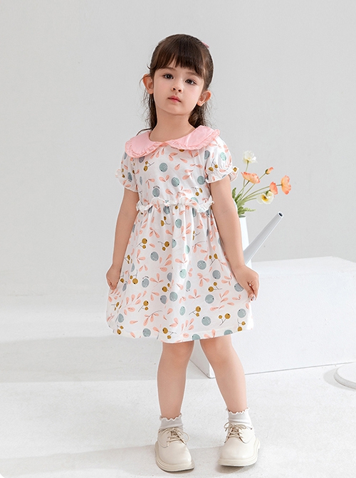 Classic Lolita Cute Blueberry Floral Decoration Ruched Ruffled Waist Design Pink Doll Neckline Kid Short Sleeve Dress