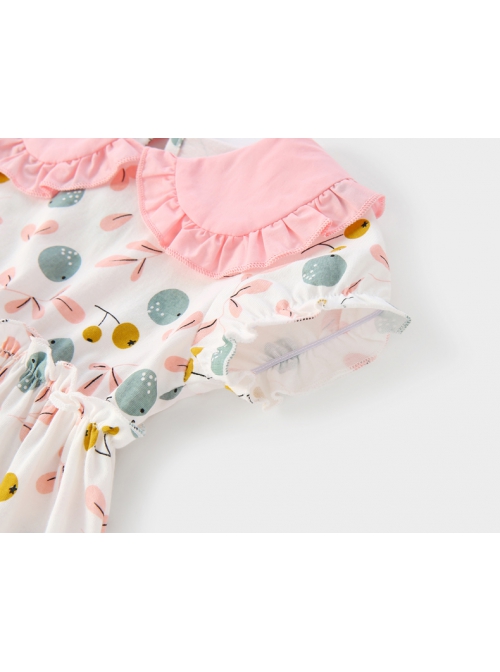 Classic Lolita Cute Blueberry Floral Decoration Ruched Ruffled Waist Design Pink Doll Neckline Kid Short Sleeve Dress