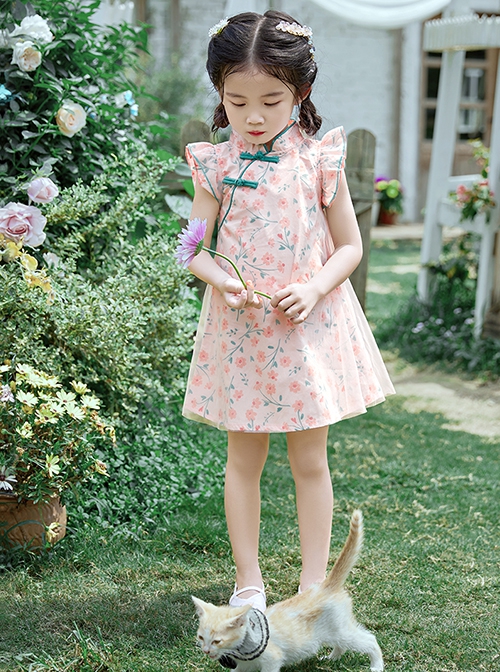 Improved Cheongsam Pink Floral Flower Print Decoration Chinese Style Buckle Design Classic Lolita Mesh Kid Dress