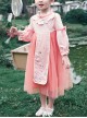 Chinese Hanfu Style Delicate Floral Embroidery Irregular Pleated Button Neckline Pink Long Sleeve Kid Dress