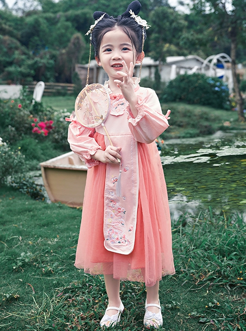 Chinese Hanfu Style Delicate Floral Embroidery Irregular Pleated Button Neckline Pink Long Sleeve Kid Dress