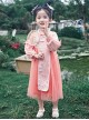 Chinese Hanfu Style Delicate Floral Embroidery Irregular Pleated Button Neckline Pink Long Sleeve Kid Dress