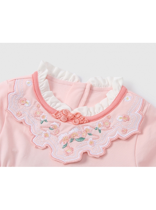 Chinese Hanfu Style Delicate Floral Embroidery Irregular Pleated Button Neckline Pink Long Sleeve Kid Dress