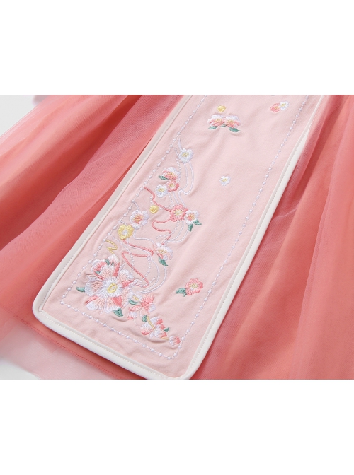 Chinese Hanfu Style Delicate Floral Embroidery Irregular Pleated Button Neckline Pink Long Sleeve Kid Dress