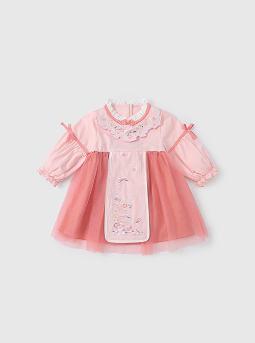 Chinese Hanfu Style Delicate Floral Embroidery Irregular Pleated Button Neckline Pink Long Sleeve Kid Dress