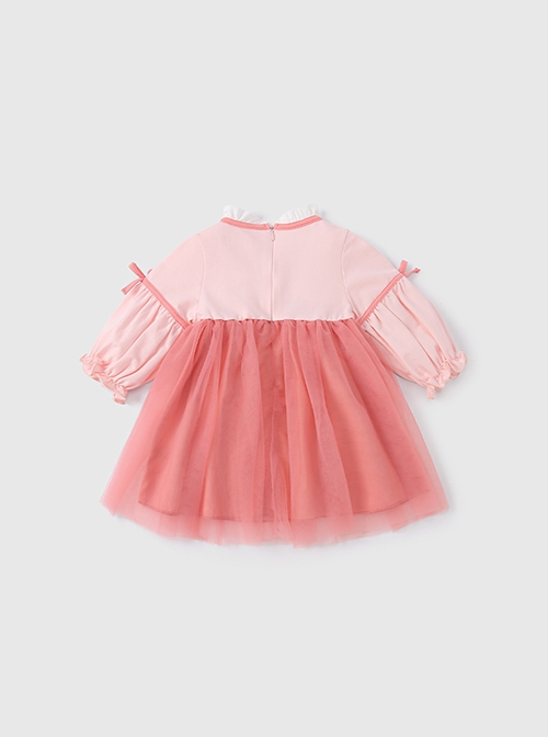 Chinese Hanfu Style Delicate Floral Embroidery Irregular Pleated Button Neckline Pink Long Sleeve Kid Dress