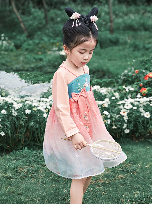 Cute Pink Mesh Flower Print Decoration Delicate Bunny Embroidery Bow Knots Hanfu Style Long Sleeve Kid Dress