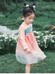 Cute Pink Mesh Flower Print Decoration Delicate Bunny Embroidery Bow Knots Hanfu Style Long Sleeve Kid Dress