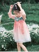 Cute Pink Mesh Flower Print Decoration Delicate Bunny Embroidery Bow Knots Hanfu Style Long Sleeve Kid Dress