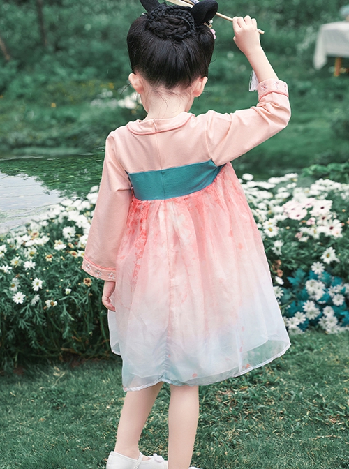 Cute Pink Mesh Flower Print Decoration Delicate Bunny Embroidery Bow Knots Hanfu Style Long Sleeve Kid Dress