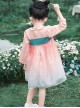 Cute Pink Mesh Flower Print Decoration Delicate Bunny Embroidery Bow Knots Hanfu Style Long Sleeve Kid Dress