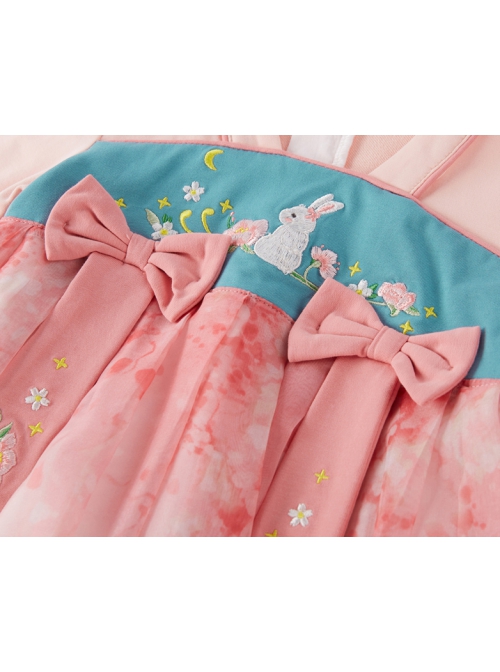 Cute Pink Mesh Flower Print Decoration Delicate Bunny Embroidery Bow Knots Hanfu Style Long Sleeve Kid Dress