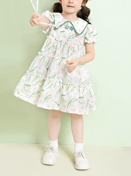 Classic Lolita Floral Flower Print Folds Decoration Square Lapel Bow Design Green Kid Short Sleeve Dress