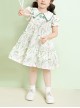 Classic Lolita Floral Flower Print Folds Decoration Square Lapel Bow Design Green Kid Short Sleeve Dress