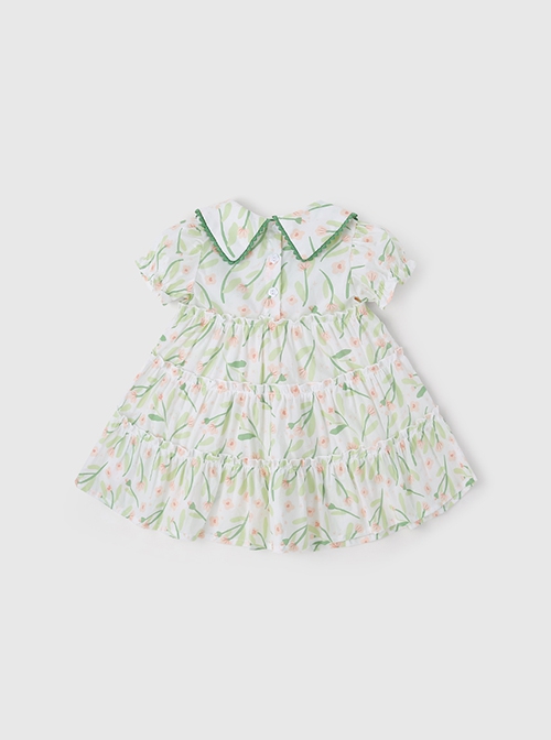 Classic Lolita Floral Flower Print Folds Decoration Square Lapel Bow Design Green Kid Short Sleeve Dress