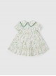 Classic Lolita Floral Flower Print Folds Decoration Square Lapel Bow Design Green Kid Short Sleeve Dress