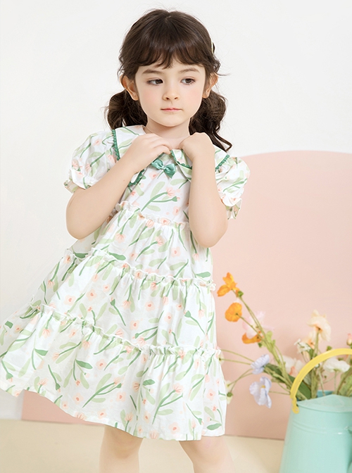 Classic Lolita Floral Flower Print Folds Decoration Square Lapel Bow Design Green Kid Short Sleeve Dress