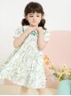 Classic Lolita Floral Flower Print Folds Decoration Square Lapel Bow Design Green Kid Short Sleeve Dress