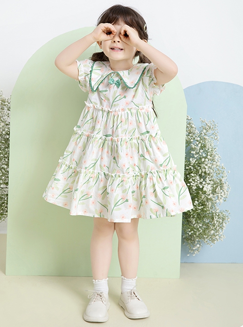 Classic Lolita Floral Flower Print Folds Decoration Square Lapel Bow Design Green Kid Short Sleeve Dress